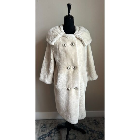 VINTAGE 1950's/1960's Cream Faux Fur Fully Lined Convertible Collar Coat Size M - Picture 2 of 7